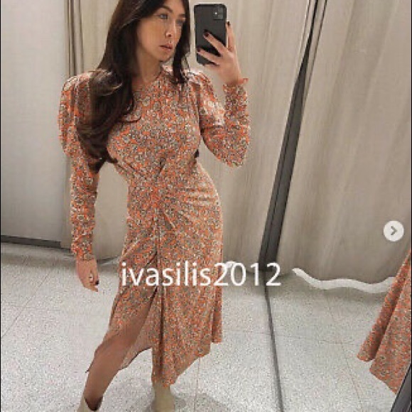 Zara FLORAL PRINTED DRAPED MIDI Flowy DRESS Long Sleeve Puff Shoulders Sz XS NEW - Picture 7 of 16